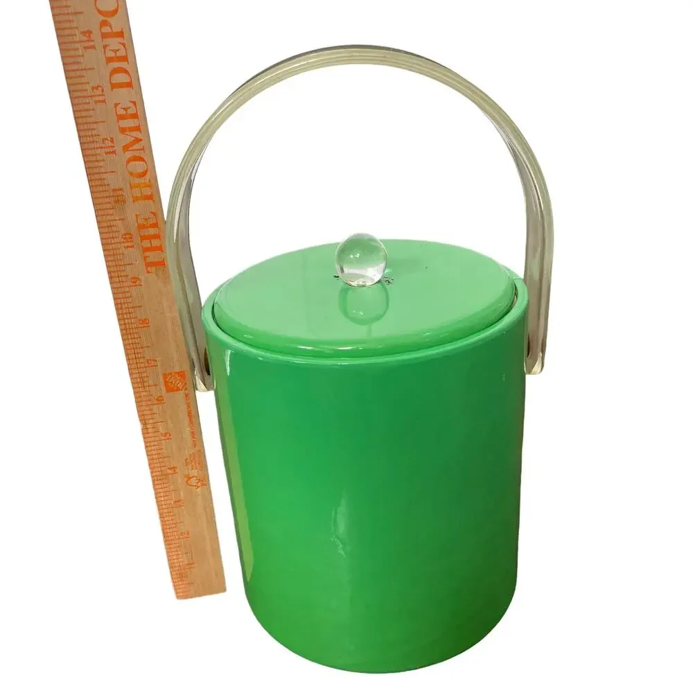 Mid Century Ice Bucket Lucite Handle & Knob Green Padded Vinyl Vintage FLAW
